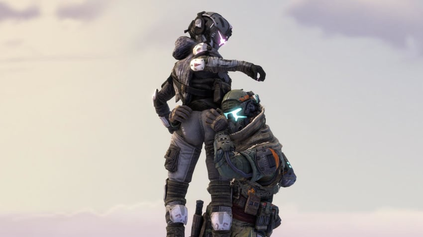 1boy 1boy1girl 1girls 3d arm_up armor armour ass ass_grab ass_worship banner breasts clothed clothed_female clothed_male clothed_male_clothed_female clothes clothing clouds duo faceless_female faceless_male female female_imc_assault female_soldier glowing glowing_visor hands_on_another's_ass hands_on_ass helmet holding_ass human male male_militia_assault male_soldier pilot pilot_(titanfall) pilot_banner pose posing skintight sky_background soldier source_filmmaker standing surprised titanfall