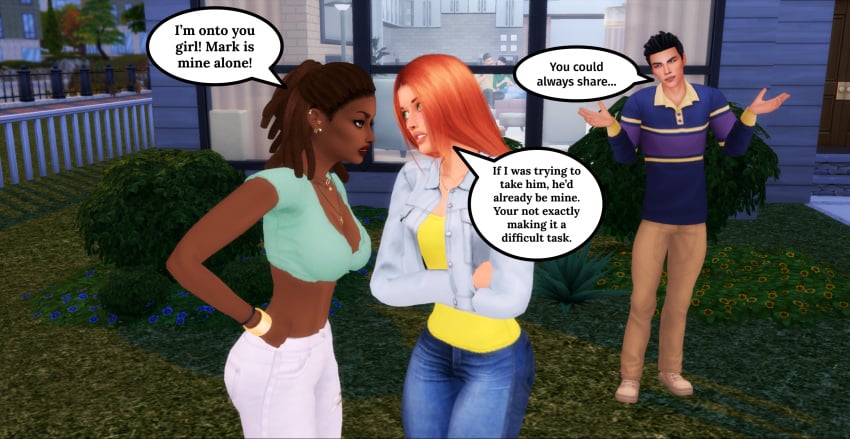 1boy 2girls 3d amber_bennett arguing argument atom_eve dark-skinned_female dialogue_bubble english_text female human invincible invincible_(comics) jealous jealous_female jealousy male mark_grayson multiple_girls pof3445 red_hair text text_bubble the_sims the_sims_4 threesome_invitation