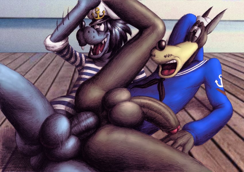 bazilracoondog big_balls big_penis furry gay tex_avery_wolf traditional_media_(artwork) wolf yaoi