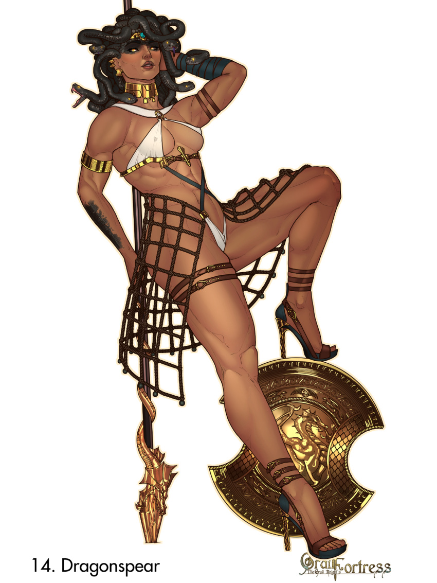 1girls abs ankle_strap_heels choker dark-skinned_female female female_only full_cleavage galaad1800 golden_eyes gorgon high_heels looking_at_viewer medium_breasts micro_bikini muscular_arms muscular_thighs nipple_bulge page_14 shield simple_background snake_hair solo_female spear stiletto_heels very_high_heels white_background