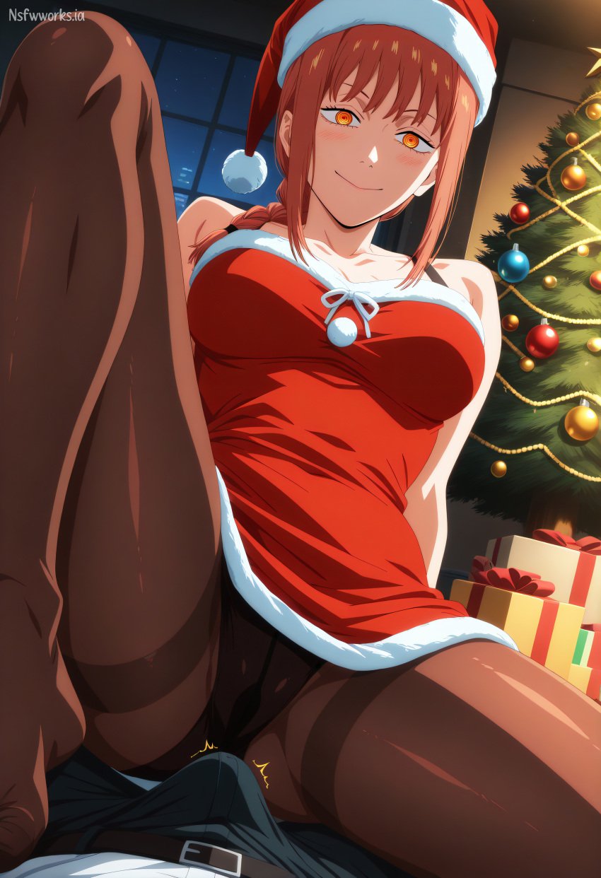 1boy1girl 1girls ai_generated anime anime_style barefoot breasts brush bulge chainsaw_man christmas christmas_hat christmas_outfit evil_smile female_focus gift gift_box makima_(chainsaw_man) nsfwworks.ia penis pose red_hair seductive seductive_smile sexy_pose sitting_on_person yellow_eyes