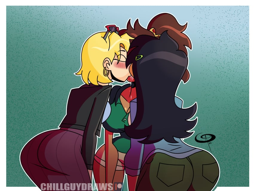 3girls aged_up amphibia amphibia_(finale) anne_boonchuy artist_logo artist_name ass ass_focus black_hair black_jacket blonde_hair blush blushing breasts brown_hair chillguydraws cleavage collared_shirt dark-skinned_female dark_green_shirt dark_red_skirt dark_skin disney earrings female female_only frostbiteboi gold_earrings green_background green_pants green_shirt hair hairpin jacket kissing leather leather_clothing leather_jacket lesbian lesbian_kiss light-skinned_female light_blue_shirt light_skin long_sleeve_shirt long_sleeves marcy_wu pants polyamory red_skirt saliva saliva_string saliva_trail sasha_waybright shirt skirt sunglasses sunglasses_on_head teal_clothing teal_shirt triple_kiss v-neck v-neck_shirt white_shorts yuri