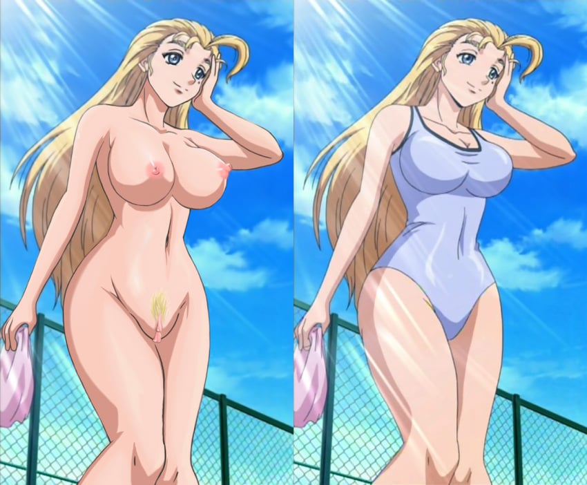 3rd_party_edit areola big_breasts blonde_female blonde_hair blonde_pubic_hair blue_eyes blue_sky cleavage erect_nipples female female_focus female_only furinji_miu hand_on_head history's_strongest_disciple_kenichi long_hair miu_furinji naked one_piece_swimsuit pink_areola pink_nipples pubic_hair pussy pussy_lips shijou_saikyou_no_deshi_ken'ichi smiling solo solo_female solo_focus standing sun_rays swimsuit thin_waist vagina