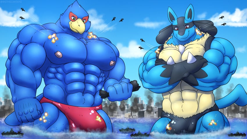 abs absurd_res aircraft airplane anthro avian beak blue_body bulge canid canine city clothing crossed_arms destruction detailed_bulge duo falco_lombardi generation_4_pokemon genital_outline geodani hi_res jet lucario macro male mammal muscular muscular_anthro muscular_male nintendo nipples non-mammal_nipples pecs pokemon pokemon_(species) sea ship speedo spines star_fox swimwear tail togepi1125 vehicle water watercraft