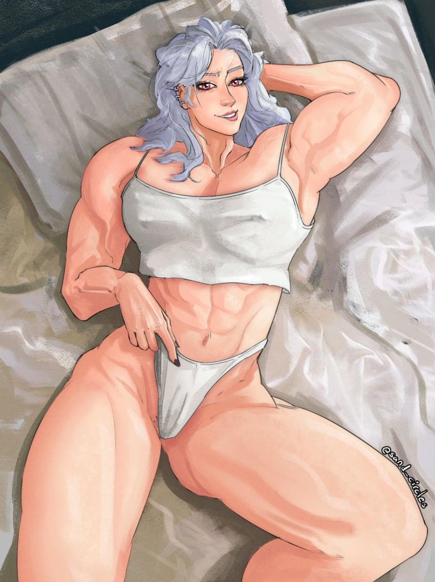 1girls 2d 2d_(artwork) abs digital_drawing_(artwork) digital_media_(artwork) dorohedoro ear_piercing laying_on_bed light-skinned_female light_skin looking_at_viewer muscular muscular_female noi_(dorohedoro) pink_eyes red_eyes sand_circles thick_thighs twitter_username white_hair white_hair_female white_hair_pink_eyes white_panties white_tank_top