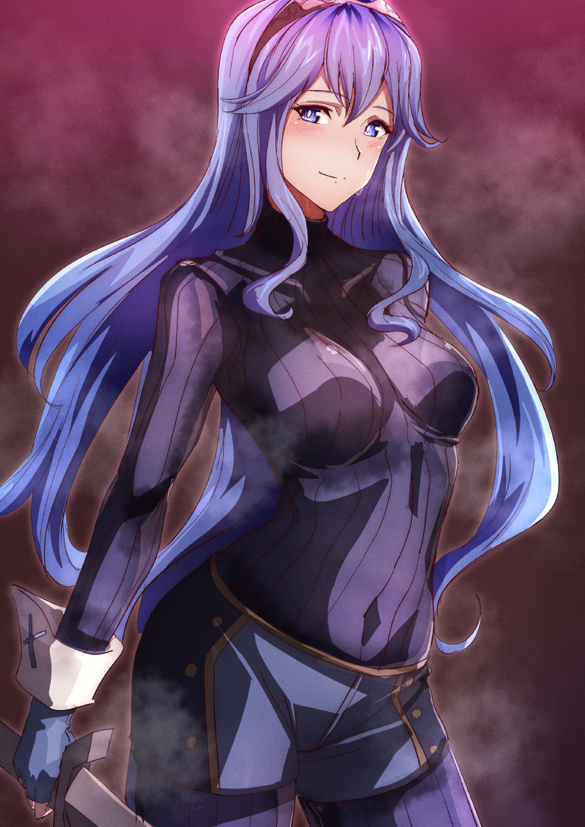 1girls blue_eyes blue_hair breasts female female_only fire_emblem fire_emblem_awakening looking_at_viewer lucina_(fire_emblem) medium_breasts nintendo smile solo steaming_body sweat_stain sweaty_clothes sword tiara tight_clothing to_(tototo_tk) weapon