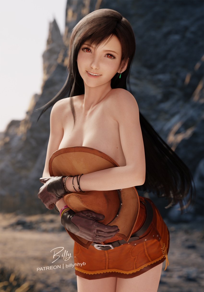 3d athletic athletic_female big_breasts billyhhyb black_hair bracelet breasts busty covering_breasts cowboy_hat cowgirl cowgirl_outfit earrings female female_focus female_only final_fantasy final_fantasy_vii gloves happy hat hourglass_figure large_breasts long_hair looking_at_viewer miniskirt pinup pinup_pose red_eyes skirt smile smiling_at_viewer tifa_lockhart topless wholesome wholesome_nudity wide_hips