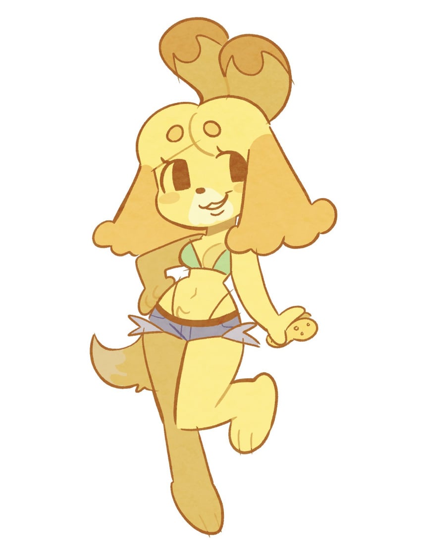 1girls :3 animal_crossing belly_button bikini bikini_top canine cute dog_ears dog_girl dog_tail furry furry_only furry_tail green_bikini green_bikini_top hotpants hourglass_figure isabelle_(animal_crossing) nintendo shizuearts short_shorts sponge thin_waist