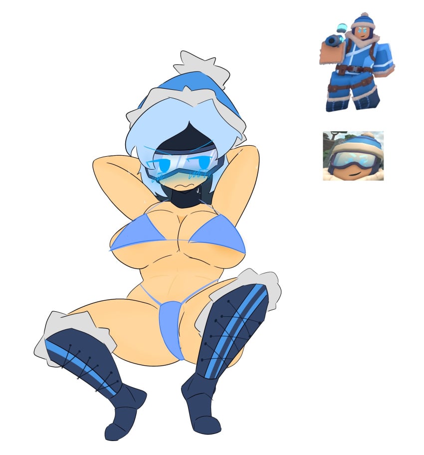 1girl 1girls 2023 arms_behind_head balaclava beanie big_breasts bikini bikini_bottom bikini_top blue_bikini blue_boots blue_bra blue_clothing blue_eyes blue_outfit blue_panties blush boots bra breasts cryomancer_(tds) female female_only fur_trim goggles hat panties reference_image roblox roblox_game robloxian shy simple_background solo squatting stomach tan_skin thighs tomgeneviere tower_defense_simulator white_background