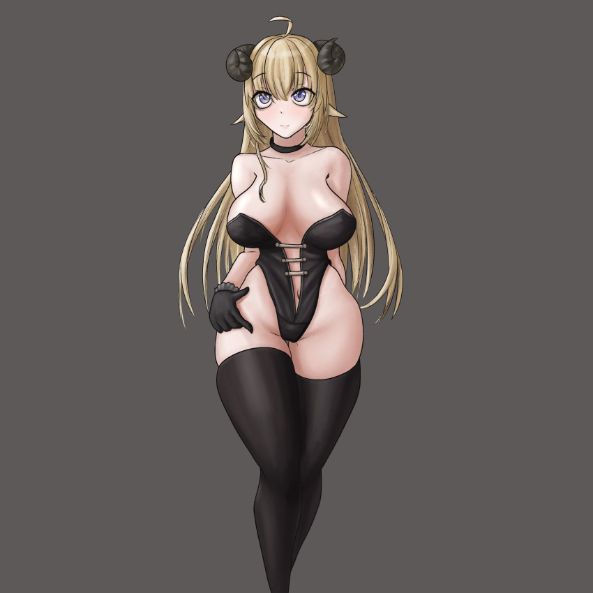 2023 ahoge alternate_costume big_breasts black_clothing black_legwear black_topwear blonde_hair blue_eyes bunnyfaqer holoforce hololive hololive_japan horn horns legwear light-skinned_female light_skin long_hair looking_at_viewer neckwear sheep sheep_girl sheep_horns shiny shiny_breasts simple_background topwear tsunomaki_watame virtual_youtuber vtuber