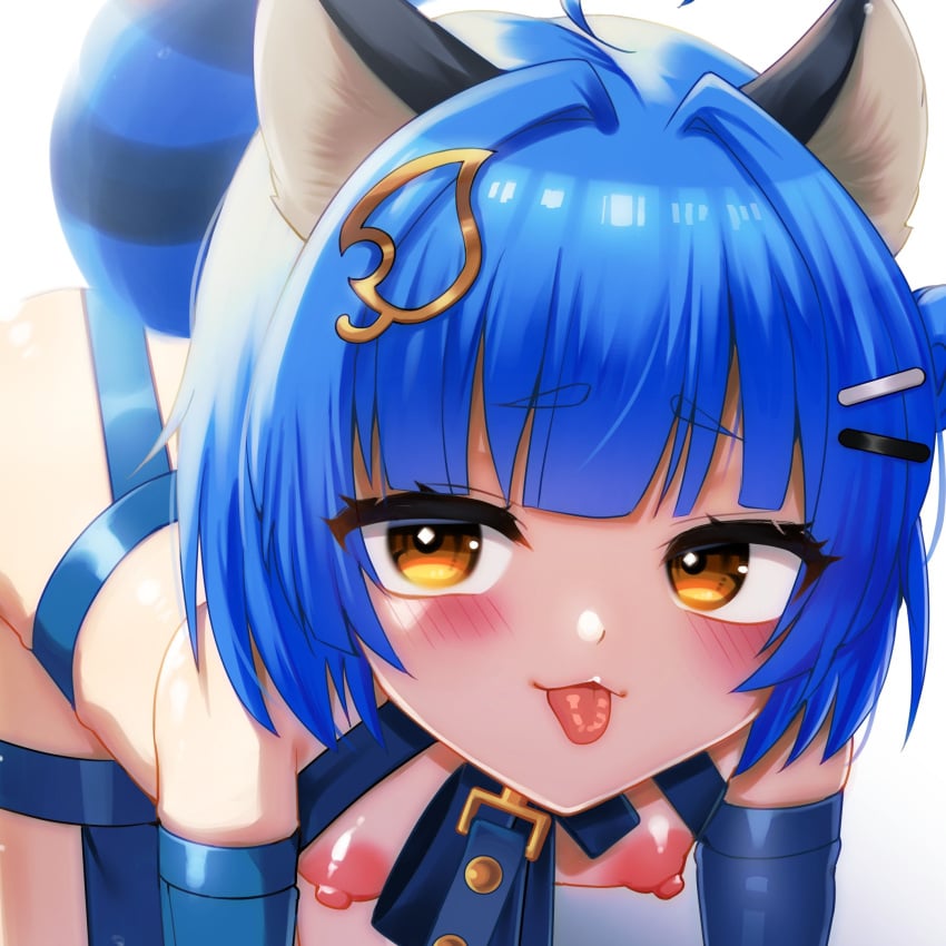 1girls 2024 ahoge animal_ears be050803 bent_over blue_hair blue_harness blush blush_lines blushing_at_viewer endless_(idol_corp) female female_only hair_ornament harness idol-en idol_corp light-skinned_female light_skin looking_at_viewer pink_nipples poko_rakun raccoon raccoon_ears raccoon_girl raccoon_tail shiny shiny_hair shiny_hair_ornament tongue tongue_out virtual_youtuber vtuber yellow_eyes