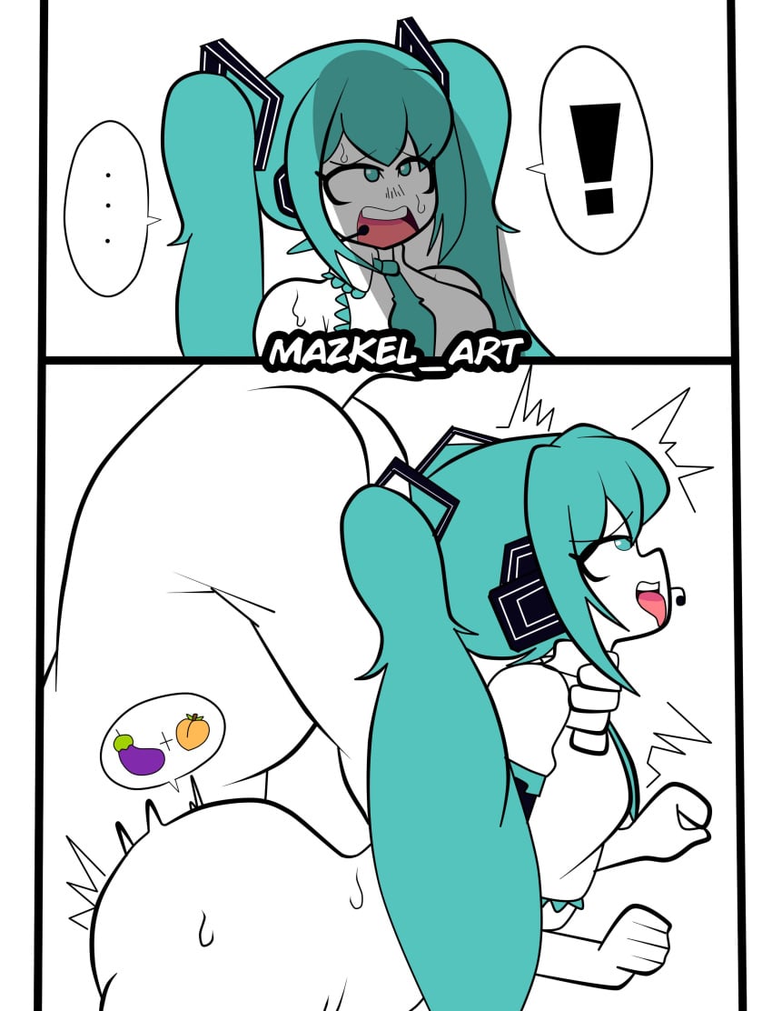 ! .. ... 1boy 1girls anal_sex anon artist_signature ass blue_eyes cyan_hair doggy_style female from_behind hatsune_miku holding instant_loss_2koma male/female mazkel_art partially_clothed_female penetration penis_shadow questionable_consent sex_from_behind shadow tongue_out unseen_male_face vocaloid