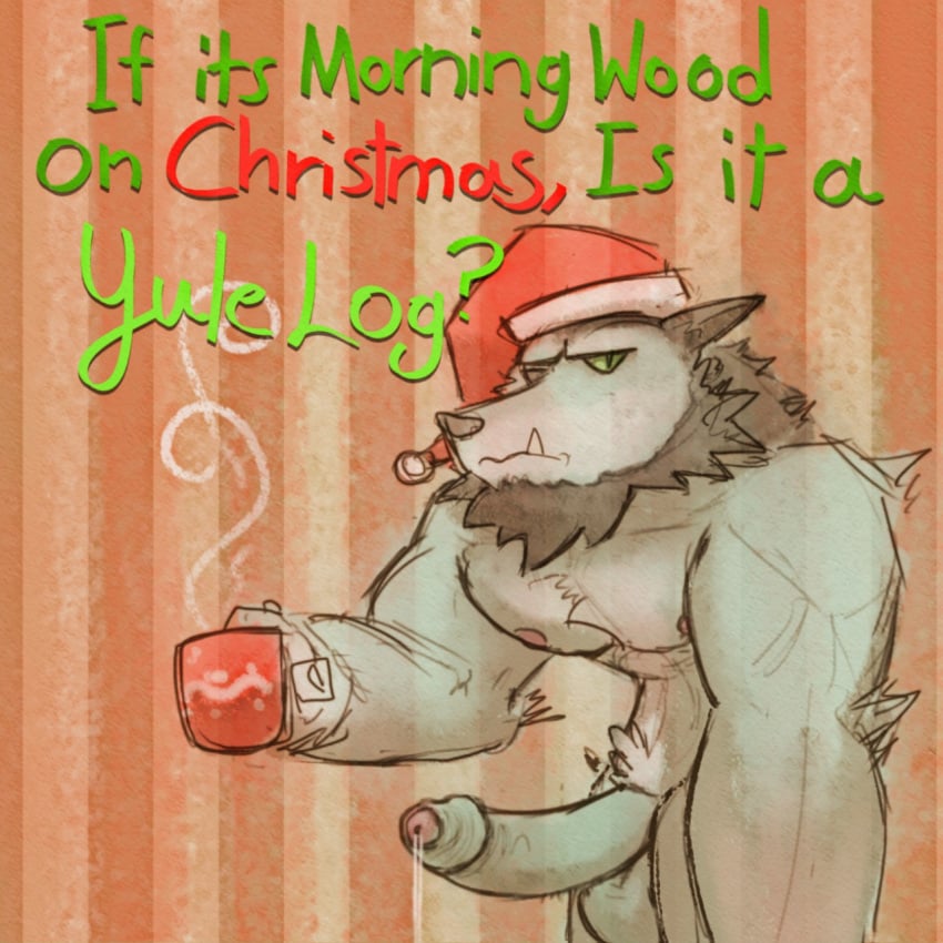 1boy anthro areola balls beverage christmas english_text erection fur grey_fur hair hat holidays male male_only muscular nipples partially_retracted_foreskin penis santa_hat shooner solo tea text uncut zetrocci