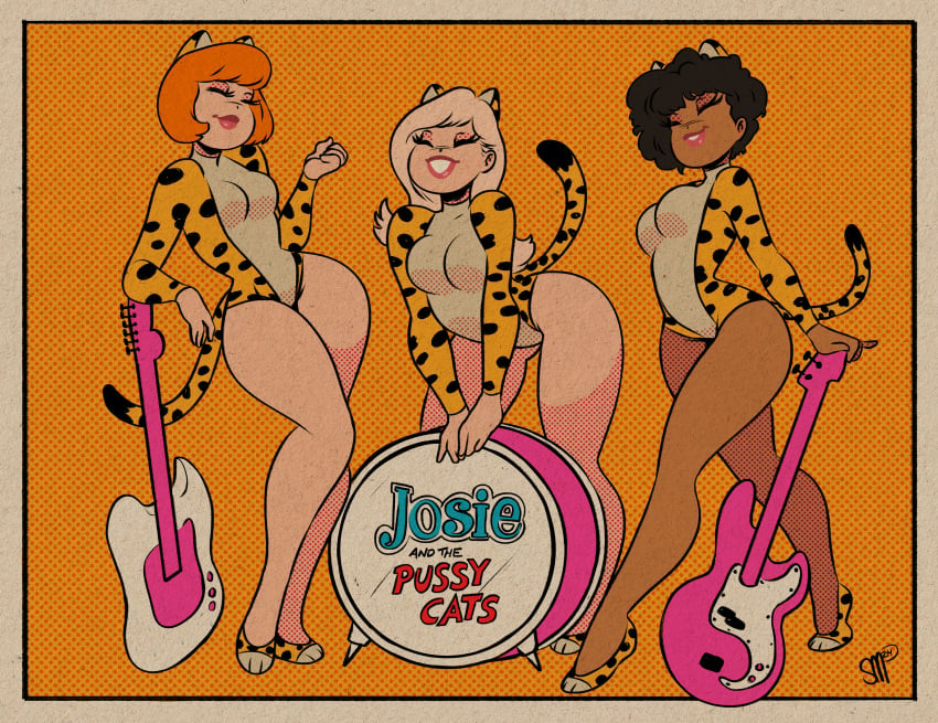 3girls archie_comics bass_guitar black_hair blonde_hair breasts cat_ears cat_tail catsuit curvy curvy_female dark-skinned_female drums female_only guitar hanna-barbera josie_and_the_pussycats josie_mcoy leotard light-skinned_female lipstick melody_valentine red_hair sgtmadness smile thick_thighs tight_clothing valerie_brown voluptuous voluptuous_female wide_hips