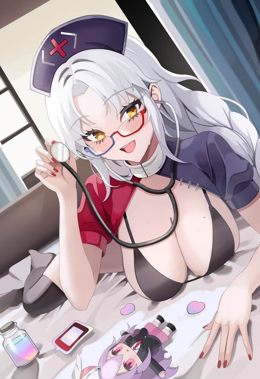 absurdres bespectacled bikini black_bikini blue_headwear blush braid breasts character_doll cleavage eirin_yagokoro female glasses grey_hair hat highres holding holding_stethoscope indoors large_breasts long_hair looking_at_viewer nurse_cap open_mouth oshimai puffy_short_sleeves puffy_sleeves reisen_udongein_inaba short_sleeves single_braid smile solo stethoscope swimsuit touhou two-tone_dress window yagokoro_eirin yellow_eyes