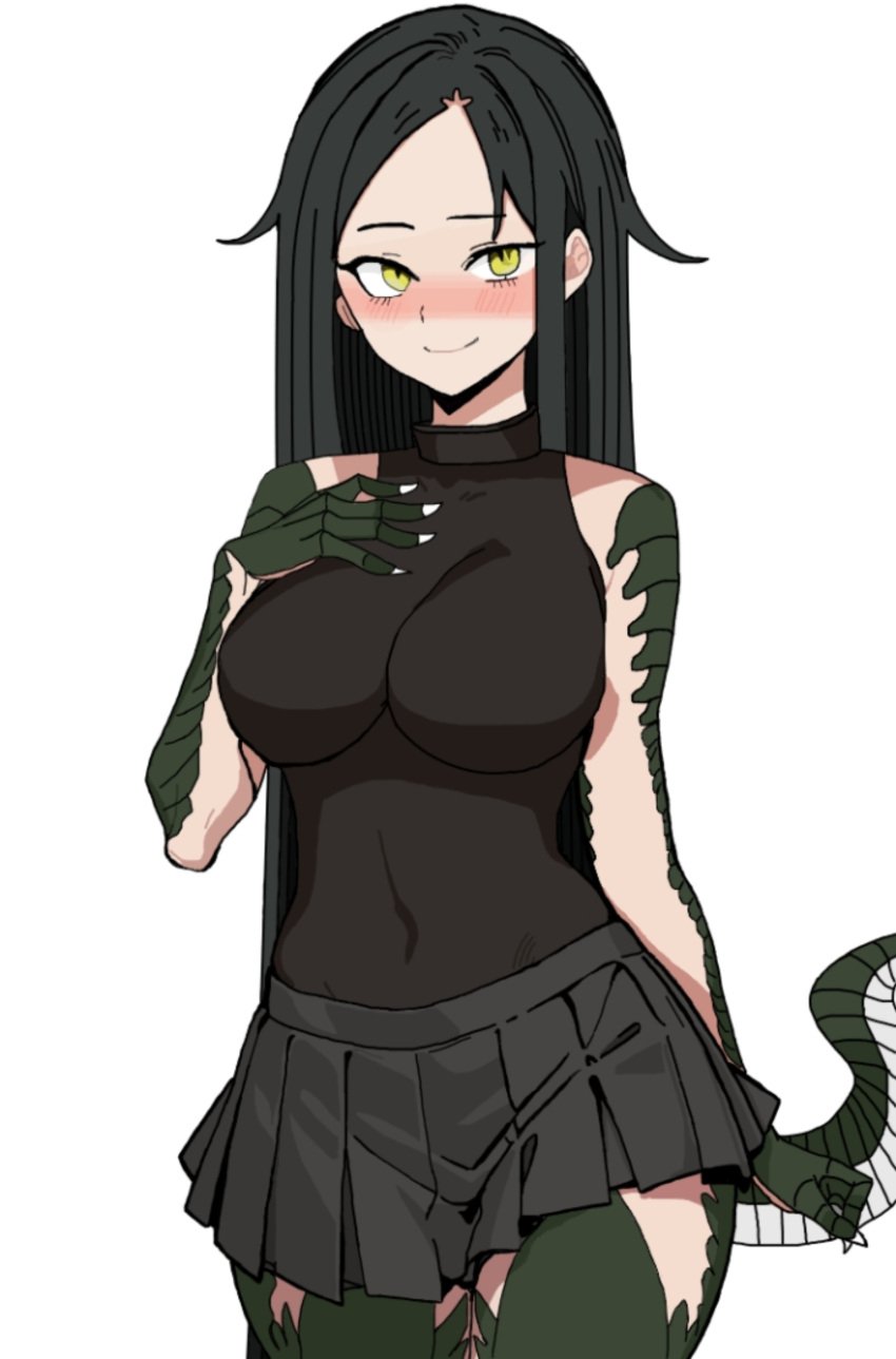 absurdres black_hair black_skirt blush breasts female highres large_breasts lizard_tail long_hair looking_at_viewer monster_girl reptile_girl reptilia_queen scales scp-682 scp_foundation simple_background skirt sleeveless smile solo tail white_background yellow_eyes