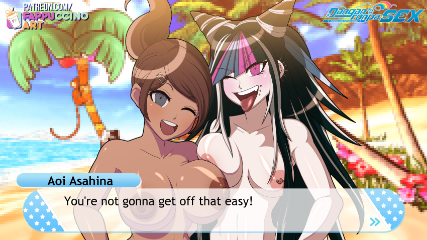 2girls asahina_aoi beach black_hair blue_eyes blue_hair brown_hair danganronpa danganronpa:_trigger_happy_havoc danganronpa_2:_goodbye_despair danganronpa_s:_ultimate_summer_camp dark-skinned_female dark_skin ear_piercing fang fappuccino female female_only hairclip long_hair mioda_ibuki mouth_piercing multicolored_hair nude nude_female one_eye_closed piercing pink_eyes pink_hair ponytail punk tongue_out white_hair