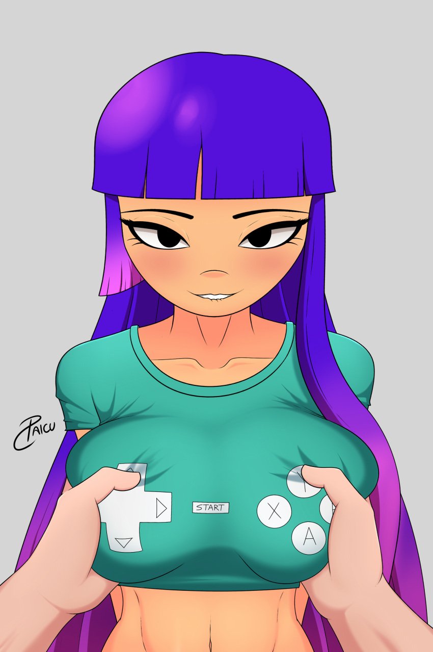 1girls asian asian_female big_breasts biting_lip black_eyes breast_grab breast_squeeze breasts clothing female game_controller glitch_techs green_clothing hand_on_breast huge_breasts long_hair looking_at_viewer miko_kubota netflix nickelodeon paicu purple_hair shirt t-shirt tagme