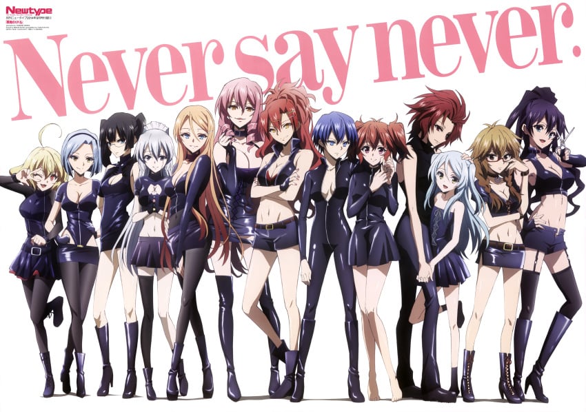 6+girls akuma_no_riddle asymmetrical_legwear azuma_tokaku banba_mahiru banba_shin'ya barefoot biker_clothes bikesuit black_eyes black_footwear black_hair black_legwear blonde_hair blue_eyes blue_hair bodysuit boots braid breasts brown_eyes cleavage crossed_arms dress drill_hair english_text everyone feet fingerless_gloves flat_chest garter_straps glasses gloves green_eyes hair_ornament hairband hairclip hanabusa_sumireko hand_on_own_hip hands_on_own_hips hashiri_nio high_heel_boots high_heels holding_hands honda_yoshino ichinose_haru interlocked_fingers inukai_isuke ito_yasayuki itou_yasuyuki kaminaga_kouko kenmochi_shiena kirigaya_hitsugi large_breasts latex latex_dress latex_gloves latex_suit leg_lift legs locked_arms long_hair midriff multiple_girls namatame_chitaru navel newtype official_art one_eye_closed pantyhose pink_hair ponytail purple_hair red_eyes red_hair sagae_haruki saito_mizuki scissors short_hair shorts shutou_suzu silver_hair single_thighhigh small_breasts smile socks takechi_otoya thigh_boots thighhighs twin_braids uneven_legwear v yellow_eyes yuri