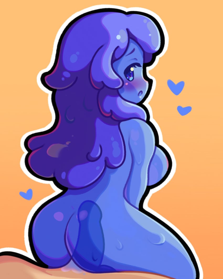 blue_eyes blue_hair blue_skin blue_slime_(terraria) breasts colored_skin completely_nude cowgirl_position erection gel_(kalia3see) heart highres kalia3see long_hair looking_back medium_breasts monster_girl nude open_mouth penis reverse_cowgirl_position see-through_body simple_background slime_girl straddling terraria yellow_background