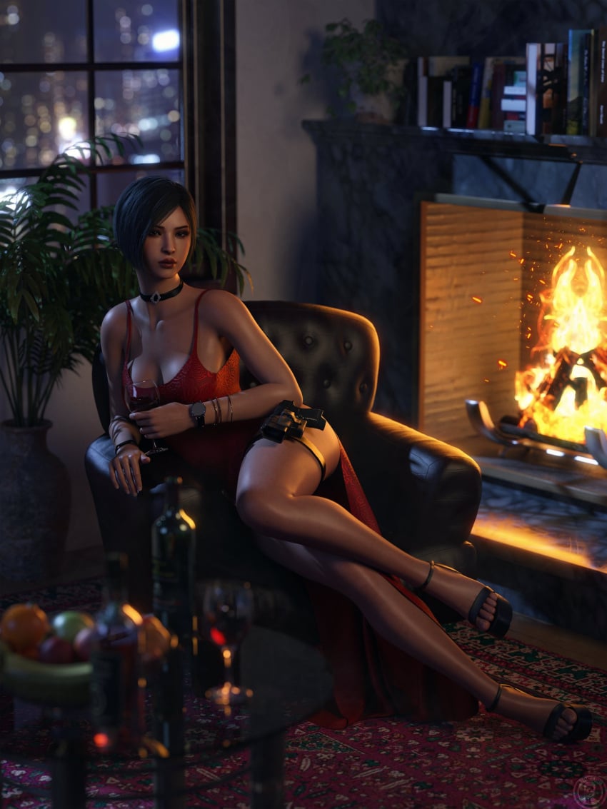 1girls 3:4 3d ada_wong asian bare_legs black_hair black_heels books bracelets brown_eyes capcom chair choker cleavage drinking_wine female female_human female_only firearm fireplace fruit fully_clothed greengiant3d gun holding_glass indoors intimate looking_at_viewer night nighttime petite petite_body petite_female potted_plant red_dress red_wine resident_evil resident_evil_2 resident_evil_2_remake resident_evil_4 resident_evil_4_remake rug seductive seductive_look seductive_pose sensual short_hair sitting_on_chair solo table thigh_holster watch watermark window wine_bottle wine_glass wristwatch