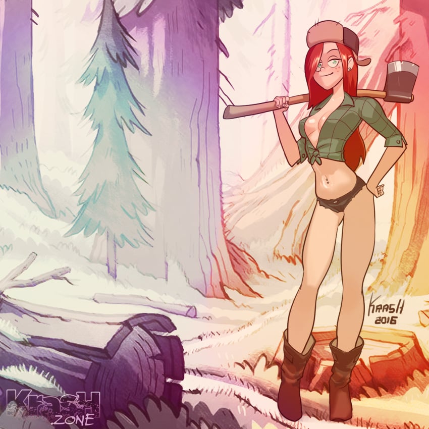 1girls axe belly_piercing boots bottomwear casual cleavage clothed clothing disney fabalex female female_only flannel footwear freckles gravity_falls green_eyes hat headwear jeans kras krashzone legio light_skin midriff outdoors red_hair short_shorts solo straight_hair topwear ushanka wendy_corduroy