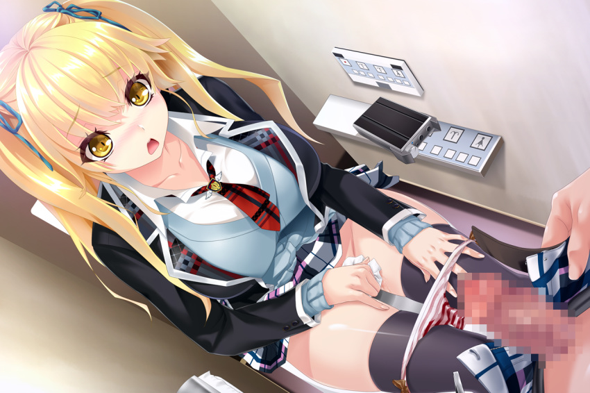 1boy akagi_rio black_jacket black_legwear blonde_hair blue_ribbon blush breasts censored dutch_angle female game_cg hair_ribbon indoors jacket mosaic_censoring necktie open_fly open_mouth ore_ga_kousoku!_nakadashi_igai_wa_kousoku_ihan!!! panties panty_pull penis plaid plaid_skirt ribbon school_uniform shirt sitting skirt skirt_lift solo_focus striped striped_panties surprised thighhighs tied_hair toilet toilet_paper toilet_use twintails unbuckled_belt unbuttoned underwear unzipped white_shirt wiping yellow_eyes yuzu_mayuko