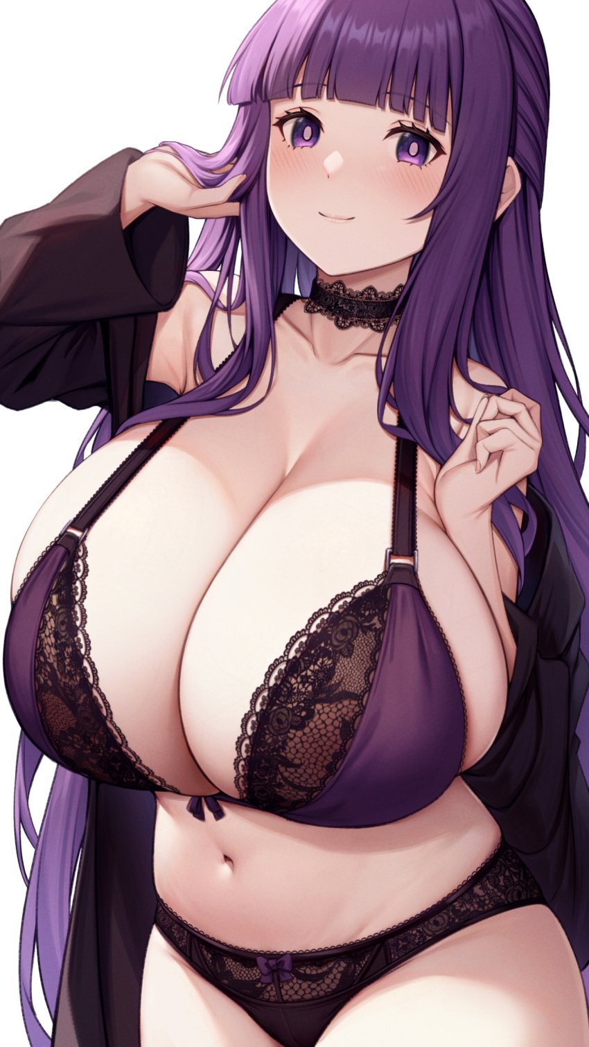 1girls alternate_breast_size anime_nose big_breasts black_panties blunt_bangs blush blush_line bra breast_squish breast_support breasts breasts_bigger_than_head busty choker cleavage closed_mouth cowboy_shot female fern_(sousou_no_frieren) front_heavy_breasts hair highres huge_breasts kannko_bokujou lace lace_bra lace_choker lace_panties large_breasts long_hair long_sleeves looking_at_viewer massive_breasts matching_hair/eyes navel neckwear paintcan panties purple_eyes purple_hair shiny_skin sideboob sidelocks simple_background slight_smile small_but_busty smile solo sousou_no_frieren standing thick_thighs thighs underwear very_long_hair violet_bra violet_eyes violet_hair voluptuous white_background wide_sleeves