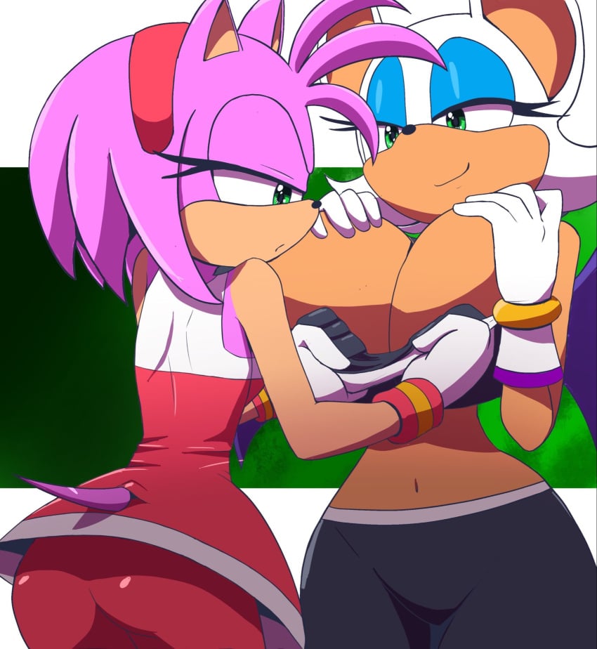 2d 2d_artwork 2girls amy_rose big_breasts black_shorts black_sports_bra blue_eyeshadow breast_press breast_size_difference breast_squeeze breasts_bigger_than_head diadem eyelashes eyeshadow gloves green_eyes hourglass_figure huge_breasts jealous jealous_female kojiro-brushard linegutter multiple_girls pink_fur pink_hair rouge_the_bat rouge_the_bat_(olympic_games) rouge_the_rider sega skirt sonic_(series) sonic_riders sonic_the_hedgehog_(series) sports_bra tail thick_ass thick_thighs thin_waist