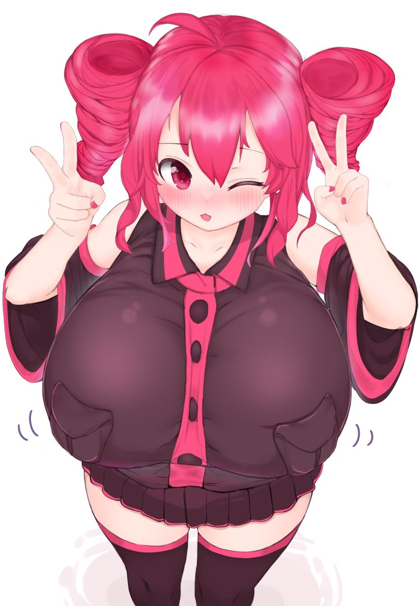 1girls ahoge alternate_body_type alternate_breast_size big_breasts black_clothing blush bouncing_breasts breasts_bigger_than_head button_down_shirt buttons cute detached_sleeves double_peace_sign drill_hair huge_breasts jiggle jiggling_breasts kasane_teto motion_lines open_mouth painted_nails peace_sign pink_hair pink_nails red_eyes short_skirt skirt solo thick_thighs thigh_highs thighs tight_clothing twin_drills utau viewed_from_above wide_hips wink zettai_ryouiki