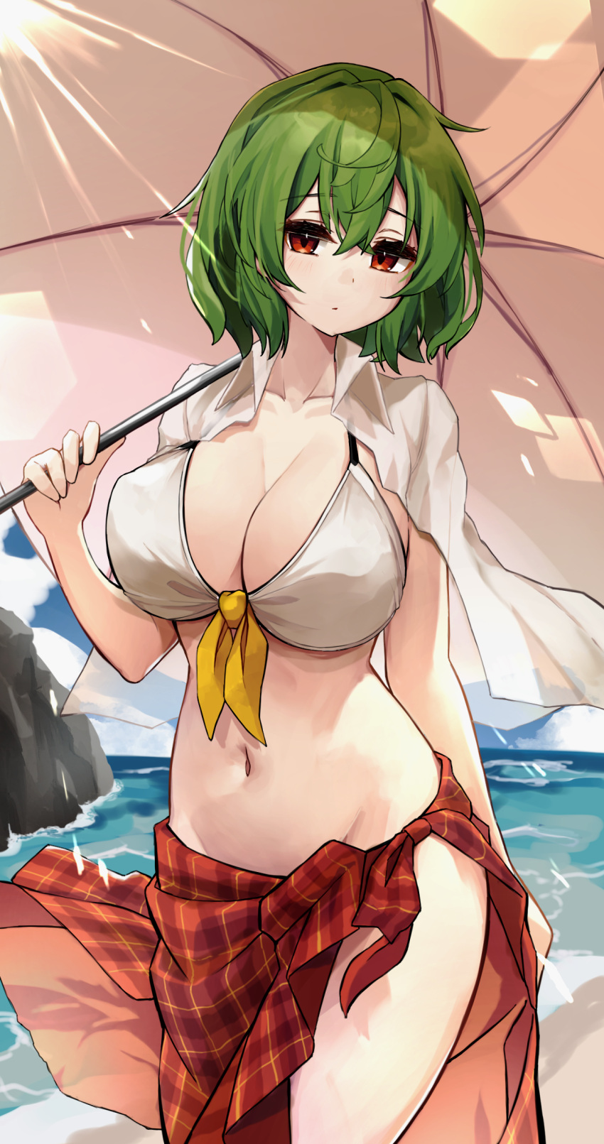 alternate_costume beach bikini blush breasts cleavage collarbone commentary female green_hair groin highres hira-san holding holding_umbrella kazami_yuuka large_breasts looking_at_viewer navel outdoors parasol plaid plaid_sarong red_eyes red_sarong sarong shirt shirt_on_shoulders short_hair solo stomach swimsuit touhou umbrella white_bikini white_shirt yuka_kazami