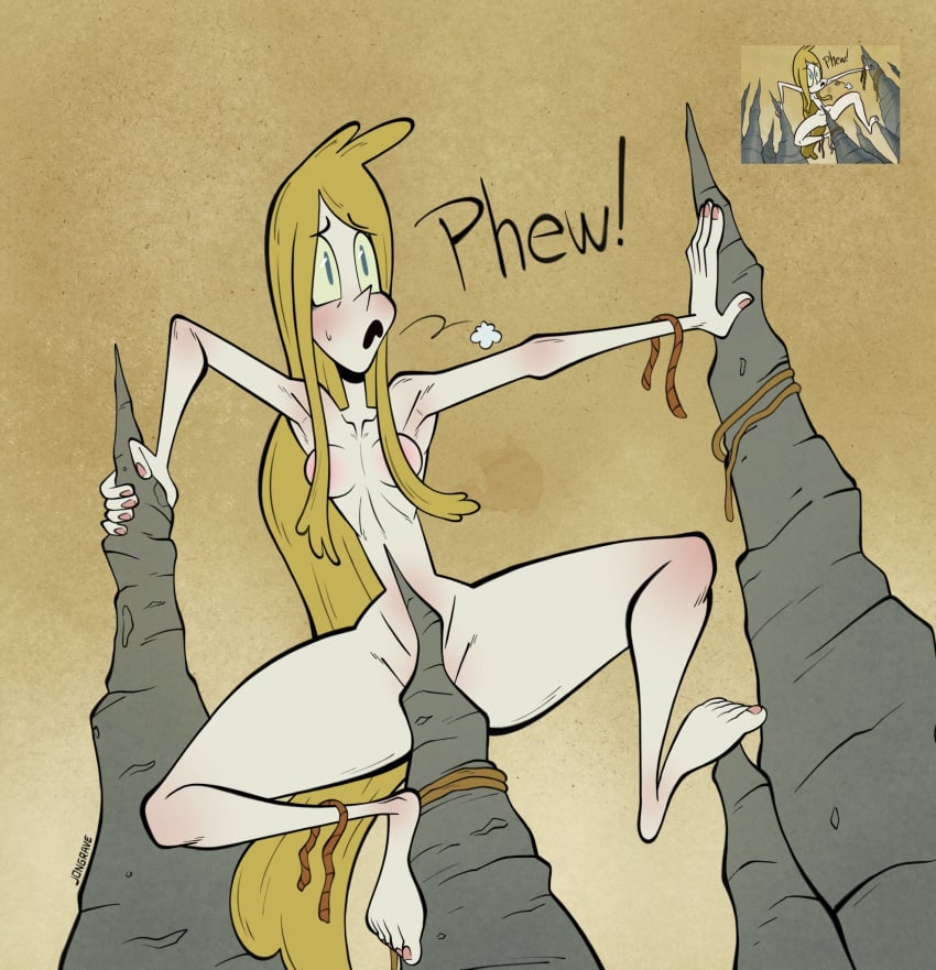 1female 1girls barefoot blonde blonde_female blonde_hair blush breasts canonical_scene comfysaur completely_nude completely_nude_female convenient_censoring dumm_comics female female_only full_body jongrave naked naked_female near_death nude nude_female redraw rocks skadi solo solo_female tagme