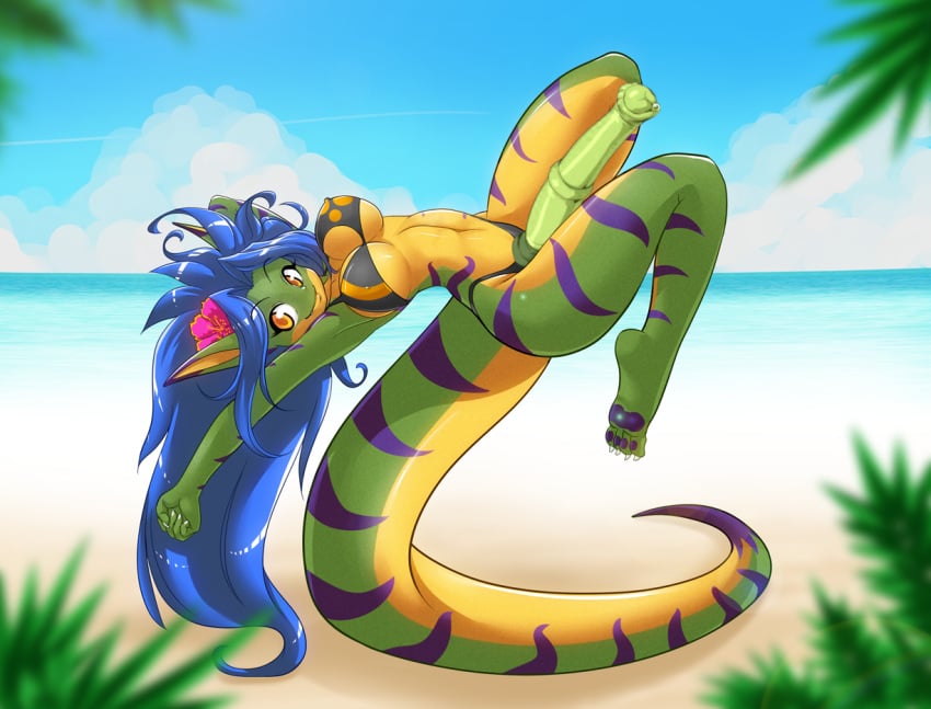 1futa anthro anthro_only beach blue_hair chalo edit futa_only futanari geecku green_body green_skin horsecock horsecock_futanari las_lindas scalie