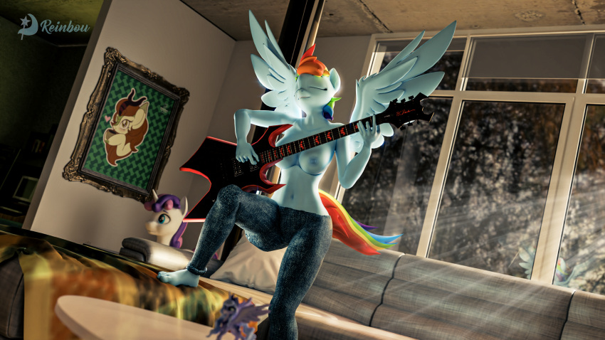 3d anthro autumn_blaze_(mlp) breasts clothing eyes_closed friendship_is_magic guitar hasbro multicolored_hair multicolored_tail my_little_pony navel nipples pants pegasus princess_luna_(mlp) rainbow_dash_(mlp) rainbow_hair rainbow_tail reinbou tail wings