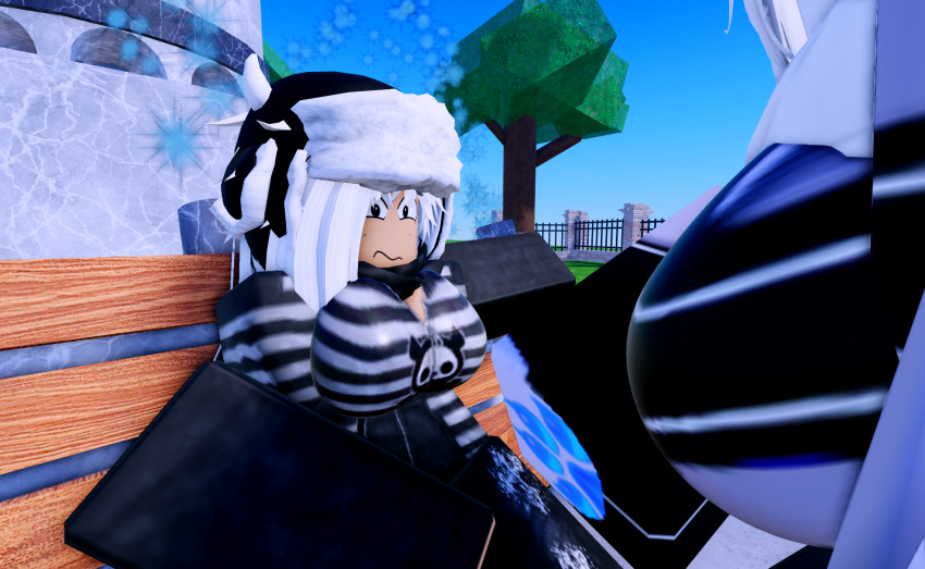 2girls 3d black_legwear clothing female furry humanoid park pawpads roblox robloxian sfw smile talking_to_another thighhighs thighs white_fur white_hair