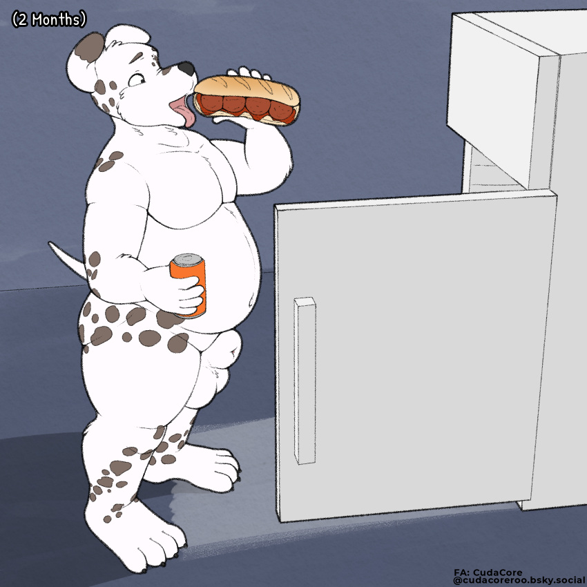 1:1 animal_genitalia appliance balls belly big_belly canid canine canis cudacore dalmatian domestic_dog eating feet food fridge genitals hi_res kitchen_appliance male mammal nude pascal_(cudacore) paws pregnant pregnant_male sheath slightly_chubby toes