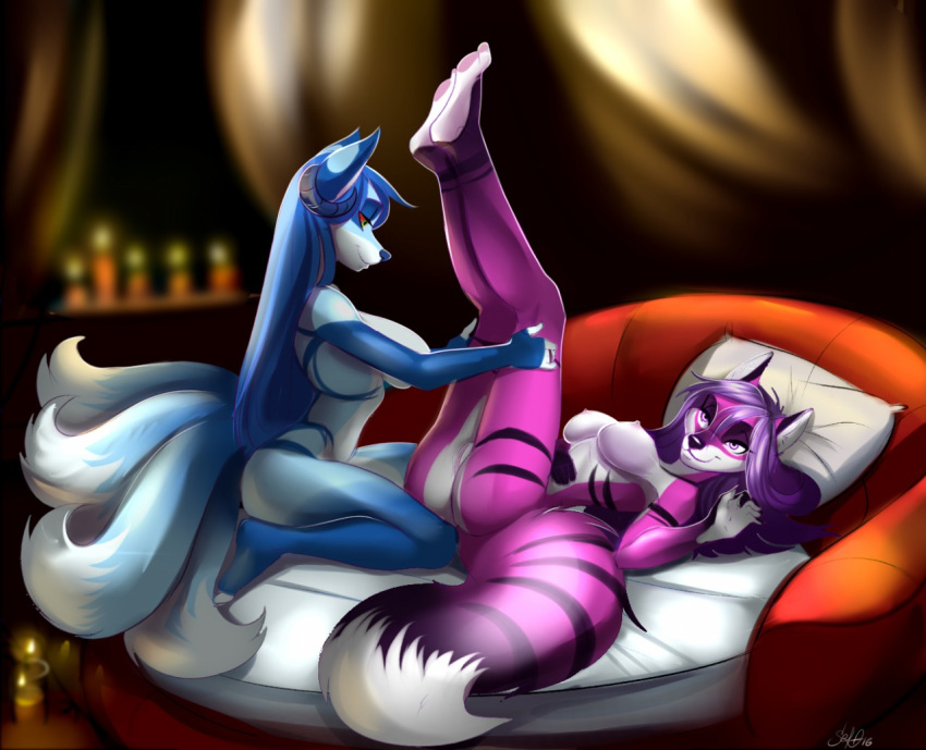 2016 anthro ass bed bedroom big_breasts blue_eyes blue_hair breasts candle canine clothing dipstick_tail duo female fluffy fluffy_tail fox fur gloves_(marking) green_eyes hair horn leg_grab legs_up lying mammal markings multi_tail multicolored_tail nipples nude on_back on_bed pillow purple_eyes purple_fur purple_hair pussy red_sclera selene_leni smile socks_(marking) sora_(sorafoxyteils) sorafoxyteils striped_tail stripes two_tone_tail yuri