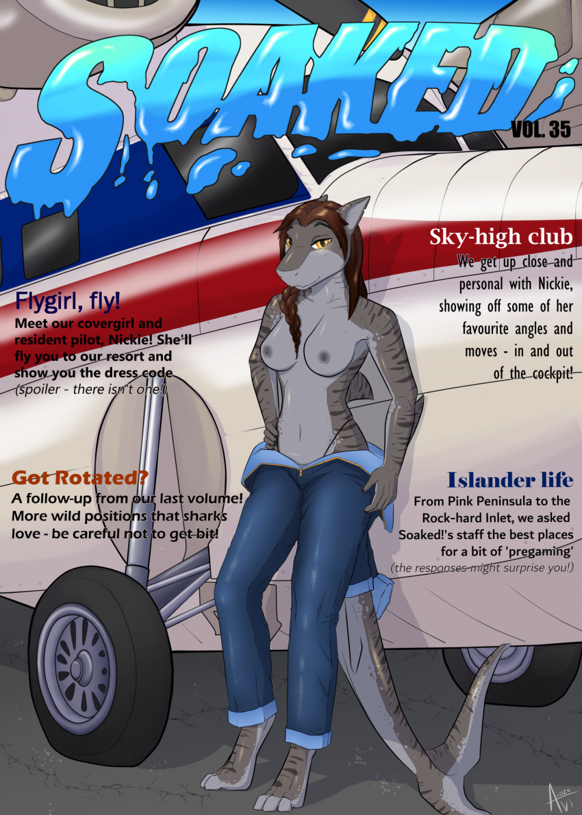 aircraft airplane anthro avilon breasts clothed clothing digitigrade female fin fish hi_res looking_at_viewer marine nickie_(razorzj) partially_clothed shark solo tagme tail text