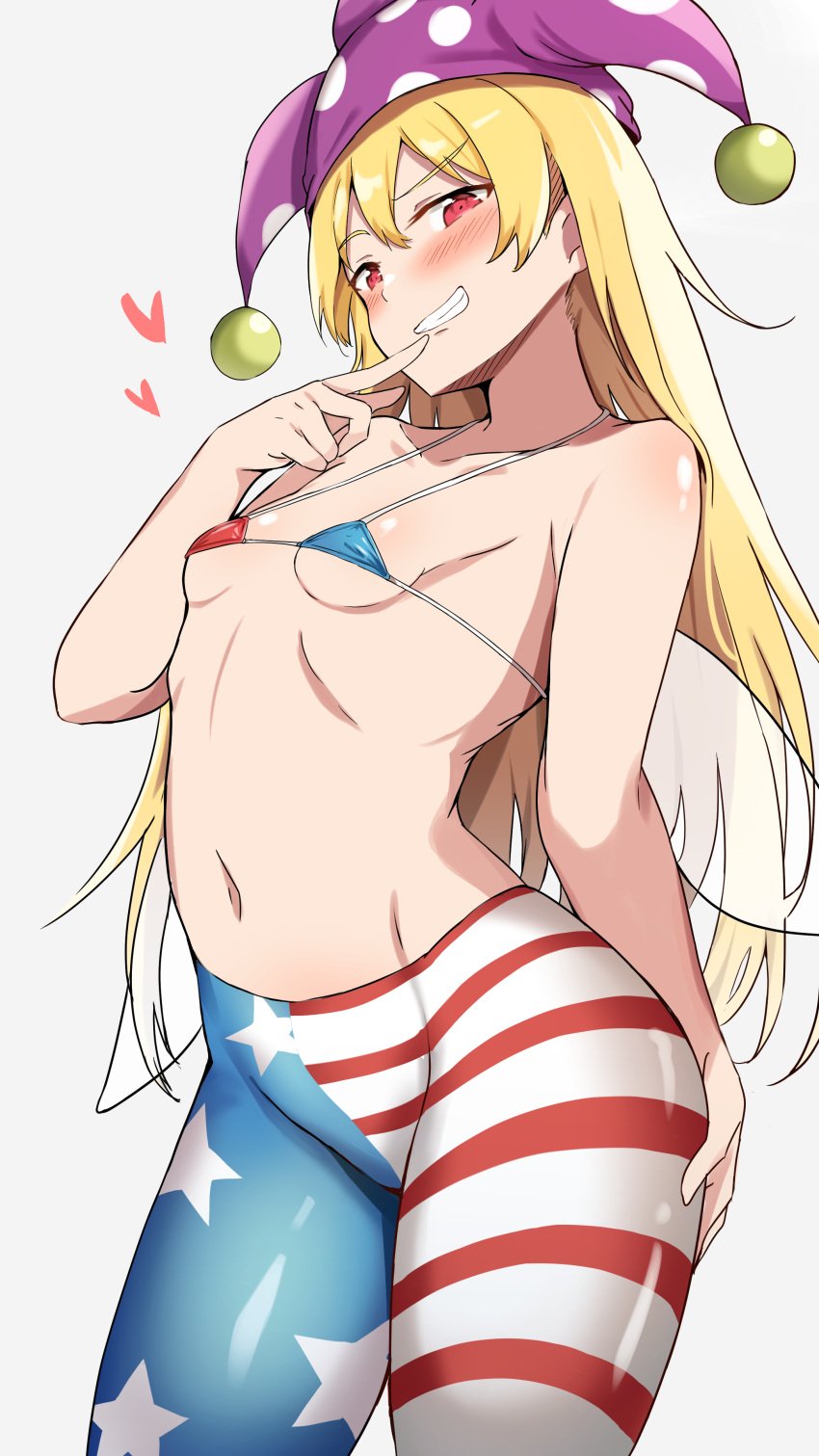 absurdres american_flag american_flag_legwear arm_behind_back bikini blonde_hair breasts clownpiece commentary_request fairy fairy_wings female finger_to_mouth flag_print grin hand_on_own_ass hand_up hat highres hip_focus jester_cap long_hair nagomian naughty_face navel no_shirt petite pointing pointing_at_self red_eyes skin_tight small_breasts smile solo swimsuit thighs touhou very_long_hair wings