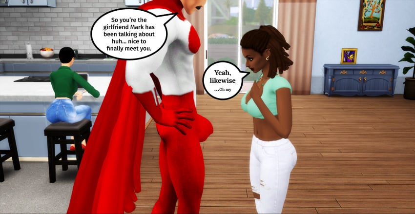 1boy 2girls 3d amber_bennett bodysuit bulge bulge_through_clothing dark-skinned_female dark_skin debbie_grayson dialogue dialogue_bubble english_text from_side huge_bulge invincible invincible_(tv_series) looking_at_bulge looking_at_penis medium_breasts older_male omni-man pale-skinned_male penis_awe pof3445 standing staring_at_penis superhero_costume text_bubble the_sims the_sims_4 younger_female