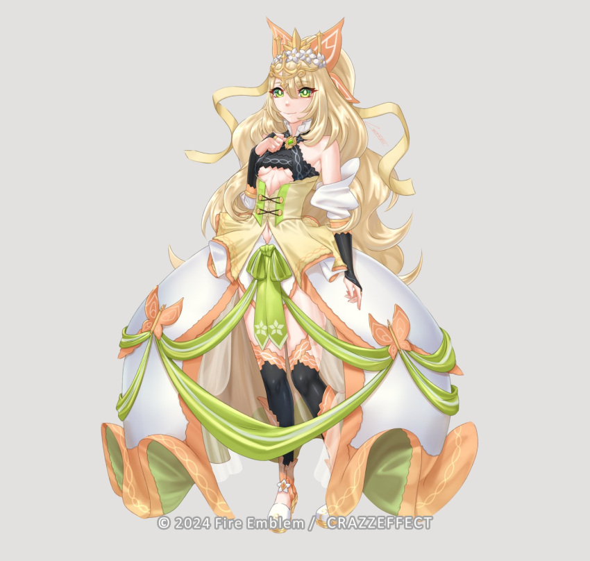 1girls bare_shoulders blonde_hair bow breasts celine_(fire_emblem) commentary commission crazzeffect crown detached_sleeves female female_only fire_emblem fire_emblem_engage flower full_body green_bow green_eyes hand_up highres long_hair looking_at_viewer nintendo skirt small_breasts smile solo standing underboob very_long_hair white_flower white_skirt