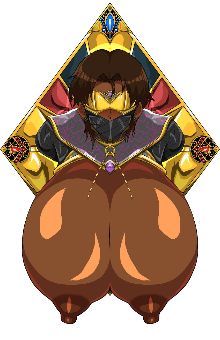 big_nipples blindfold breasts brown_eyes brown_hair curvy curvy_body curvy_female curvy_figure dark-skinned_female dark_skin earrings enormous_breasts female female_only gold_(metal) gundam huge_breasts ierou_yellow jewel marbet_fingerhat mouth_covered mouth_mask nipples restrained variant variant_set victory_gundam