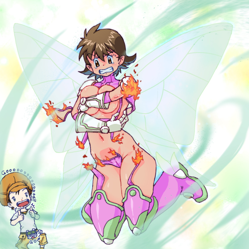 arm_on_breast boots breasts brown_hair burnt_clothes butterfly_wings cosplay covering covering_breasts digimon digimon_(species) digimon_frontier embarrassed fairimon fairymon female female_focus fire flying garter_straps gauntlets gender_transformation genderswap_(mtf) gerusyu holding_breast human kazemon large_breasts lingerie no_bra open_mouth purple_bikini purple_lingerie purple_panties rule_63 short_hair shoulder_pads takuya_kanbara teeth_showing tomoki_himi wings