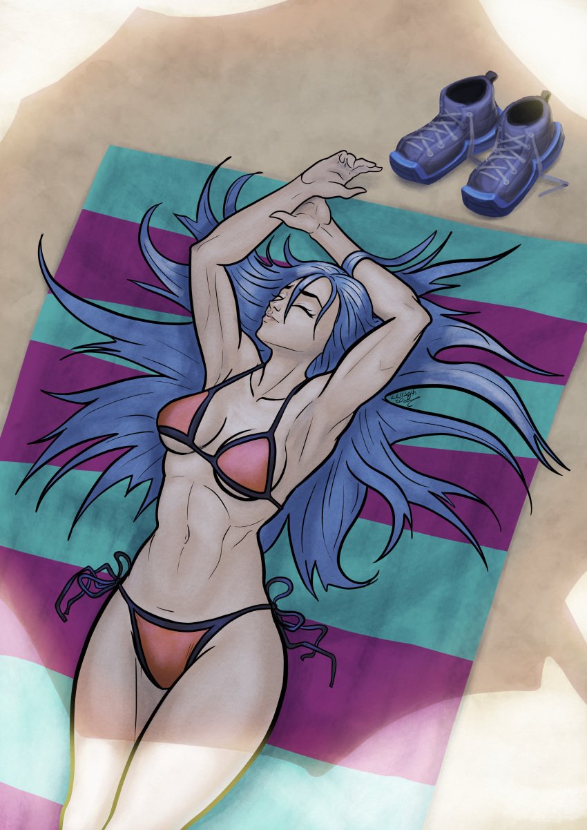 beach bikini blue_hair blue_hair_female minah orange_bikini rot_seraph sleeping swimsuit