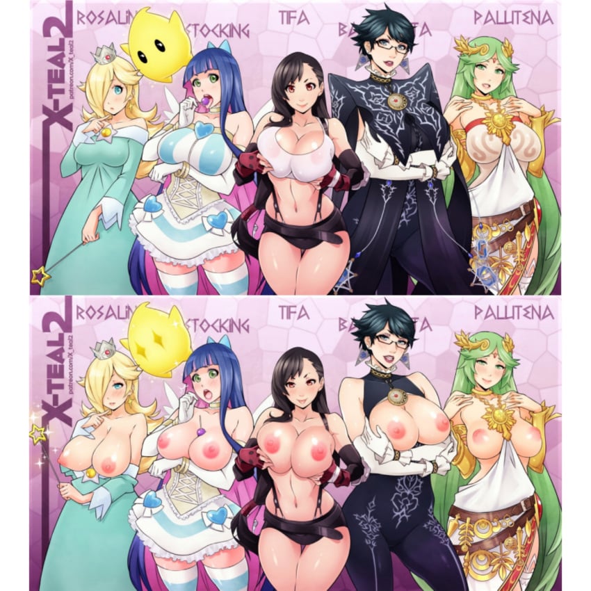 5girls alternate_breast_size armlet bangs bare_shoulders bayonetta bayonetta_(character) bayonetta_2 belly big_breasts black_hair blonde_hair blue_eyes blue_hair blunt blush breasts breasts_grab brown_eyes candy choker circlet cleavage clothes crossover crown dress earrings elbow eyewear female female_only final_fantasy final_fantasy_vii fingerless_gloves glasses gloves green_eyes green_hair hair_over_one_eye height_difference hourglass_figure huge_breasts human jewelry kid_icarus kid_icarus_uprising large_breasts legs licking lipstick lollipop long_hair looking_at_viewer luma makeup mario_(series) megane multicolored_hair multiple_girls multiple_images navel nintendo open_mouth palutena panty_&_stocking_with_garterbelt pink_hair princess_rosalina purple_hair red_lips red_lipstick short_hair shorts skindentation skirt sleeves smile standing stocking_anarchy striped striped_legwear super_mario_galaxy suspenders tank_top teeth thighhighs thighs tifa_lockhart tongue tongue_out topless two_tone_hair upper_body very_long_hair wand wings x-teal zettai_ryouiki