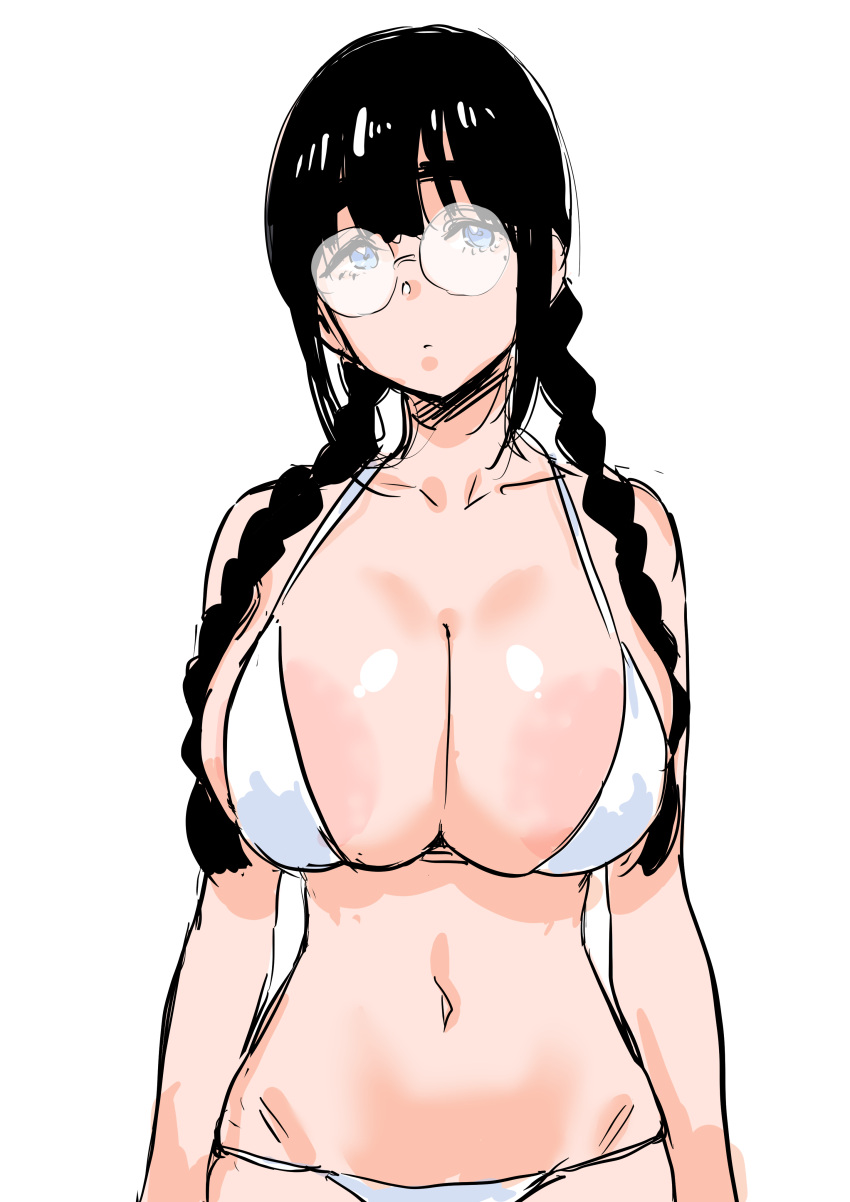 2d absurdres arms_at_sides bikini black_hair blue_eyes braid breasts collarbone female female_only glasses highres jimiko kuppipi_ramutarou large_areolae large_breasts light-skinned_female light_skin looking_to_the_side micro_bikini mole mole_under_eye navel original pale-skinned_female pale_skin round_eyewear simple_background solid_color_background solo standing swimsuit twin_braids white_background