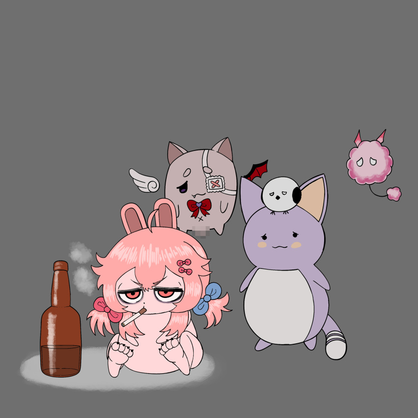 2023 4_toes 5animals alcohol alcoholic_drink ambiguous_gender angel angel_wings animal bird_prisoner_(pippa) black_eyes black_feathers bottle bunny bunny_ears cat_ears cat_tail censored cigarette demon demon_wings doremu_(wemi) eyebrows eyepatch fan_character fan_mascot_(vtuber) fan_mascot_focus_(vtuber) feathers featureless_crotch feline grey_background kanpainiki_(tenma) light-skinned_female light_skin meme mosaic_censoring pafu_(hime) paws phase_alias phase_connect phase_origins pink_eyes pink_fur pink_hair pipcreature_(the_justed_one) pipkin_pippa purple_eyes purple_fur rabbit rabbit_ears simple_background smoking smoking_cigarette the_justed_one_(artist) toes virtual_youtuber white_eyes white_feathers white_fur wings