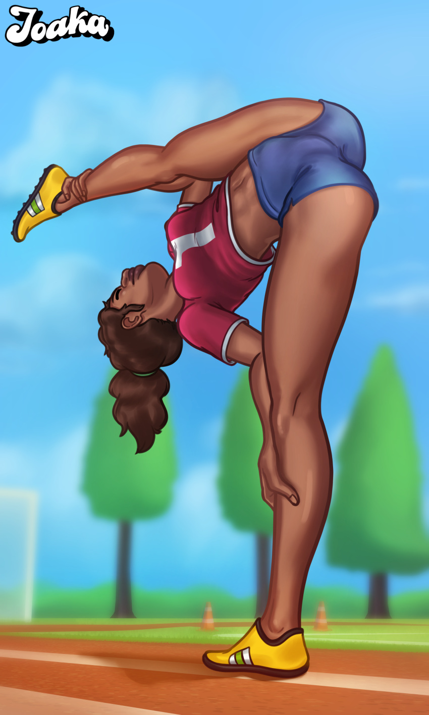 1girls 2d 2d_(artwork) alternate_version_available athletic athletic_female bottomwear brown_hair brunette clothed clothing dark-skinned_female dark_skin digital_drawing_(artwork) digital_media_(artwork) female female_focus female_only fit fit_female flexible flexing gym gym_clothes gym_shorts hairband joakadraws outdoors outside ponytail pose posing presenting rhonda_(summertime_saga) shirt shorts solo solo_focus stretching stretching_legs summertime_saga topwear watermark