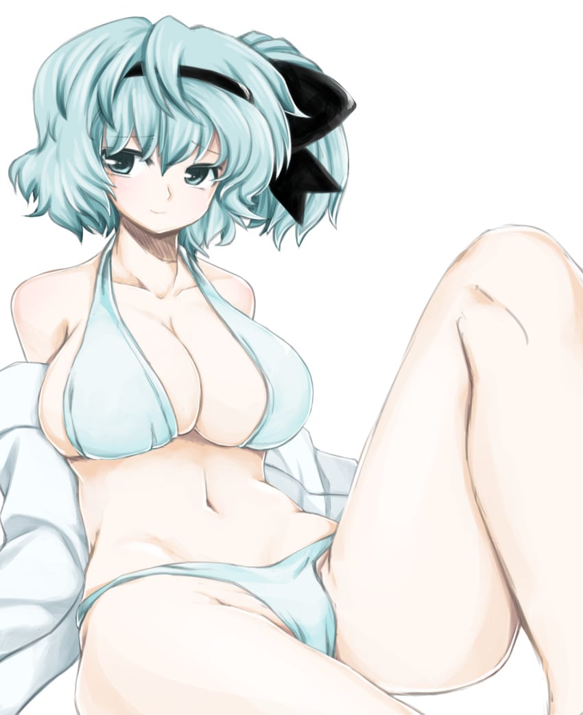 1girls 2d 2d_(artwork) anmita bare_legs barely_clothed belly belly_button blue_eyes breast_squish breasts_bigger_than_head fujiwara_no_iyozane genderswap hips hips_wider_than_shoulders large_breasts leg_up legs legs_apart len'en looking_at_viewer revealing_clothes sitting small_panties solo solo_female thick_thighs underwear undressing white_hair