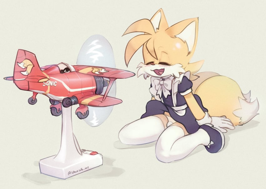 1boy 2_tails airplane artist_name bulge crossdressing fan femboy feminine feminine_male feminine_tails fox fox_ears fox_tail humanoid maid maid_dress maid_uniform male male_only multi_tail no_humans non-human non-human_only panties sitting skirt skirt_lift skirt_up solo solo_male sonic_(series) sonic_the_hedgehog_(series) sparkydb tails tails_the_fox thigh_highs thighhighs white_socks yellow_fur